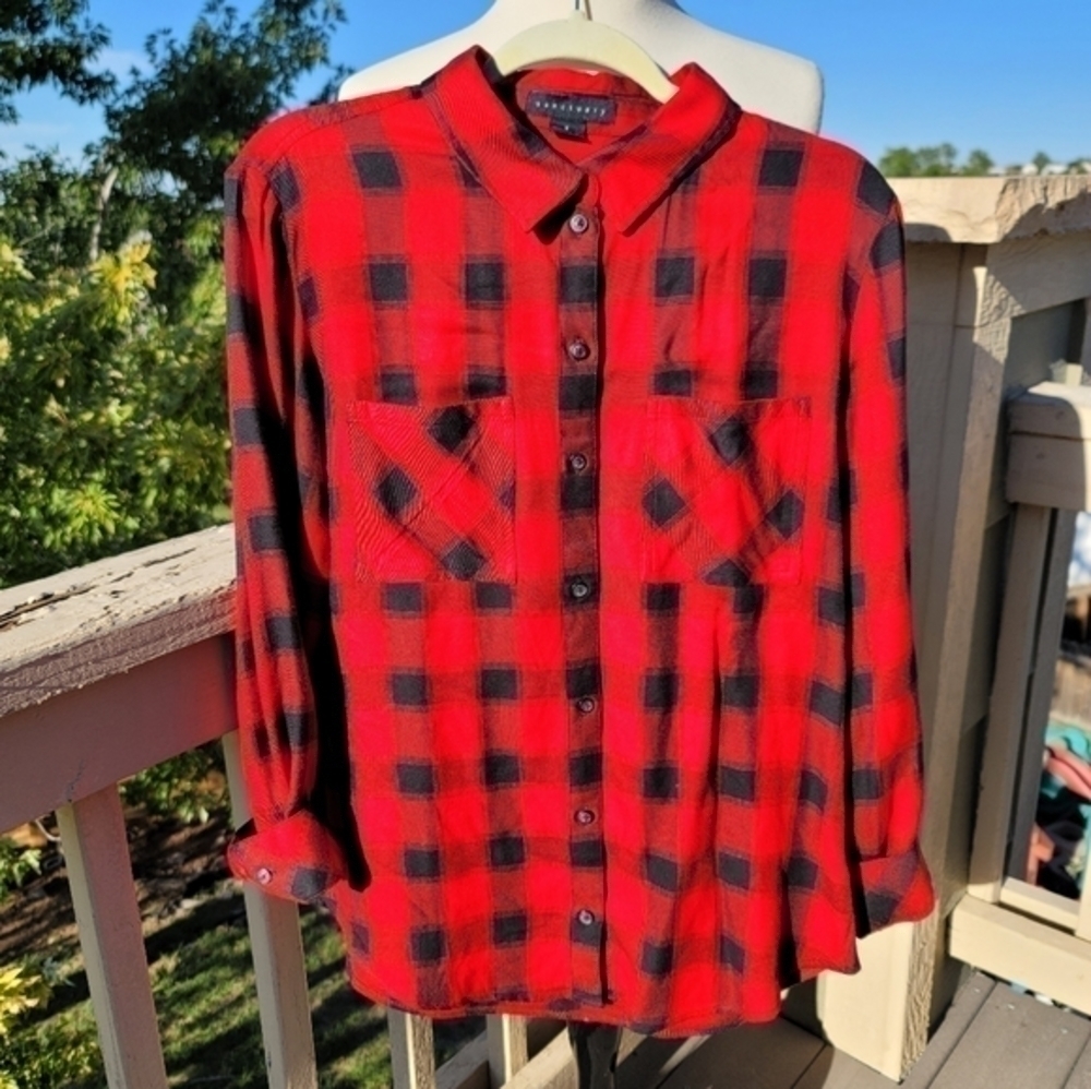 SANCTUARY RED BUFFALO PLAID LONG SLEEVE BUTTON DOWN, SZ SMALL